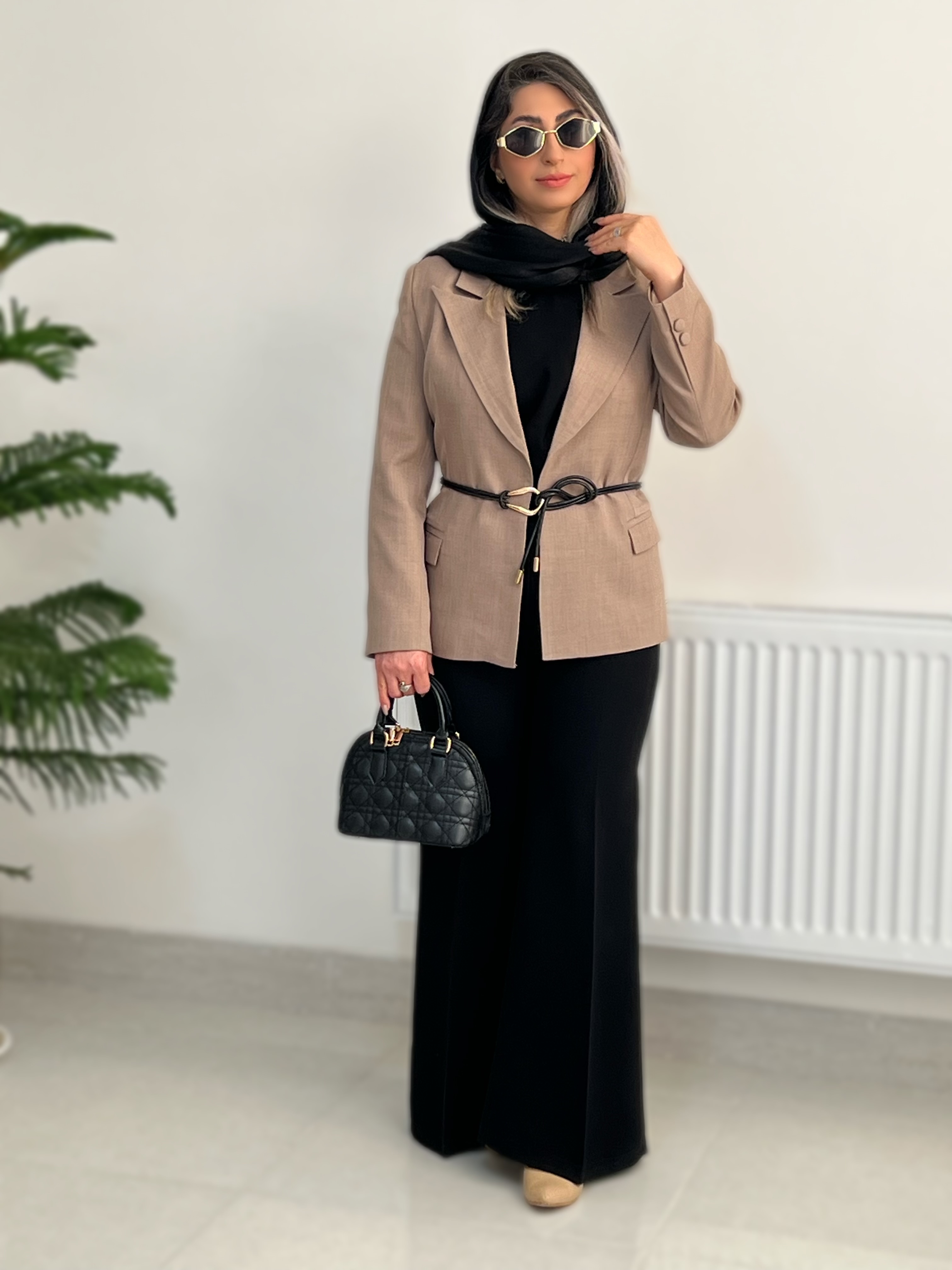 کت زنانه به همراه کمربندجنس گاباردین رنگ موکا