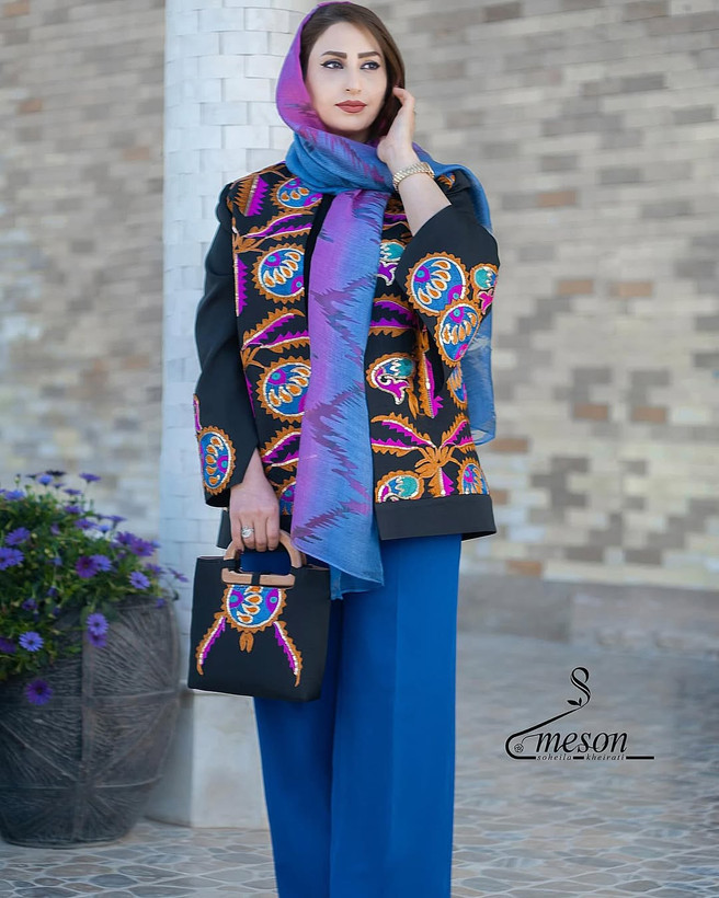 کت مجلسی زنانه سوزندوز هندی به همراه کیف تک رنگ مشکی
